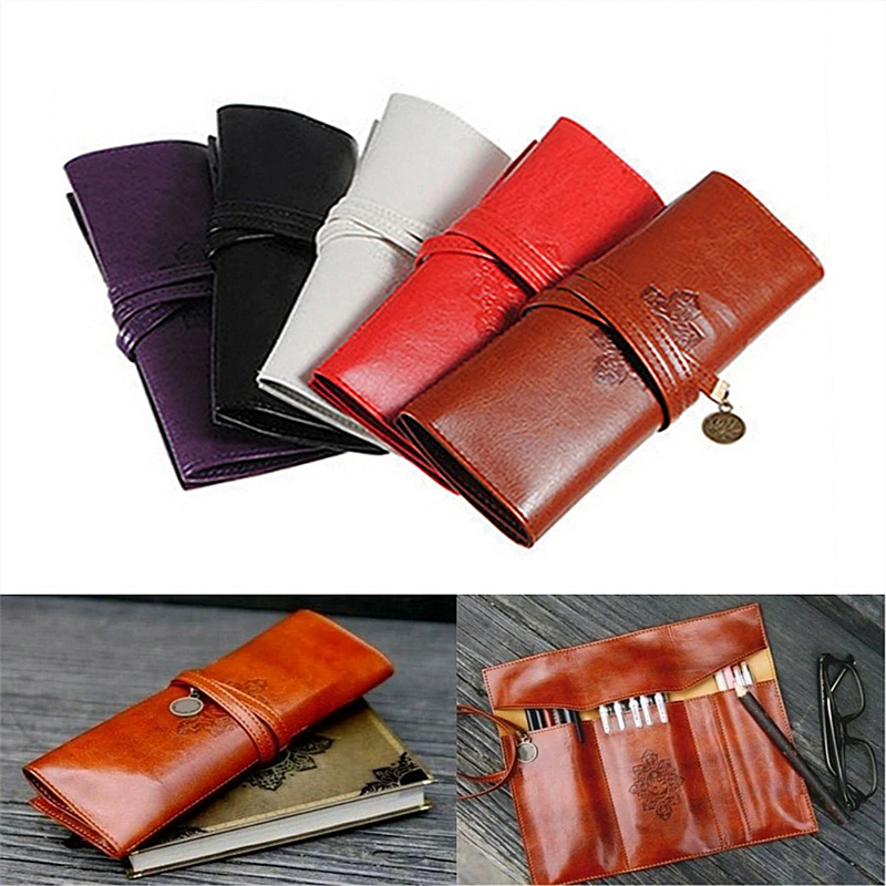 

1PC Retro Roll Waterproof PU Leather Purse Pouch Pencil Bag Storage Portable Makeup Pen Pencil Case Bags School Office Supplies