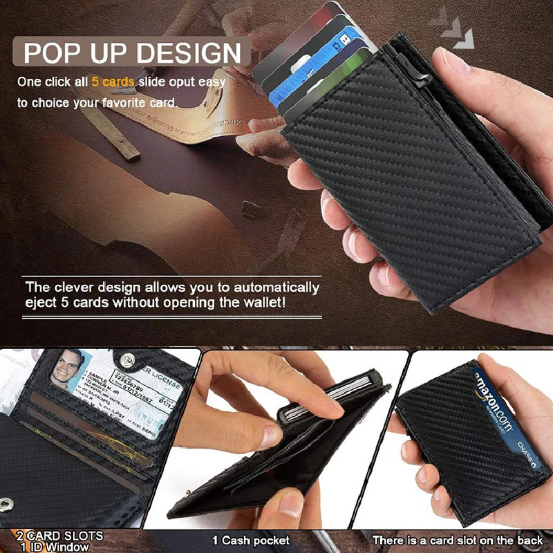 Carbon Fiber Leather Business Metal Aluminum Wallet for Men RFID Blocking 100% Genuine Leather Slim Pop Up Card Holders 3