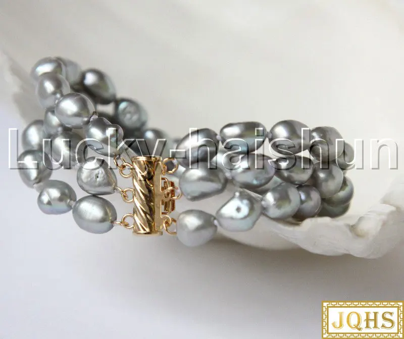 

JQHS 8" 11mm 3Stretch Baroque Freeform potato gray pearls Beaded Strand knotted bracelet j11884