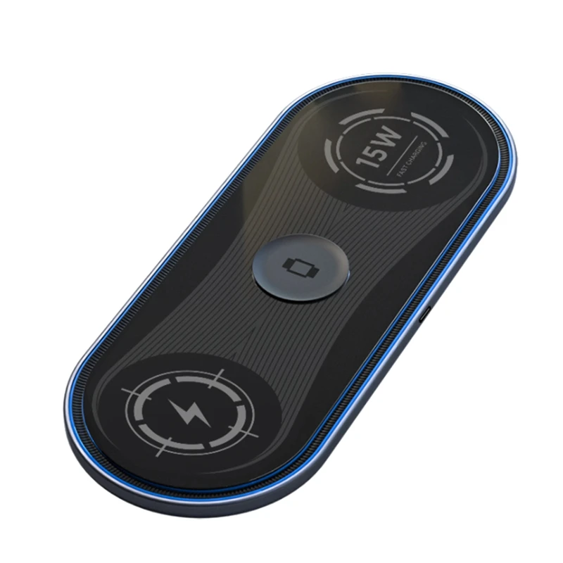 

Беспроводное зарядное устройство HFES 3-в-1, двойное быстрое зарядное устройство 15 Вт с окружасветильник светом, подставка для беспроводного з...