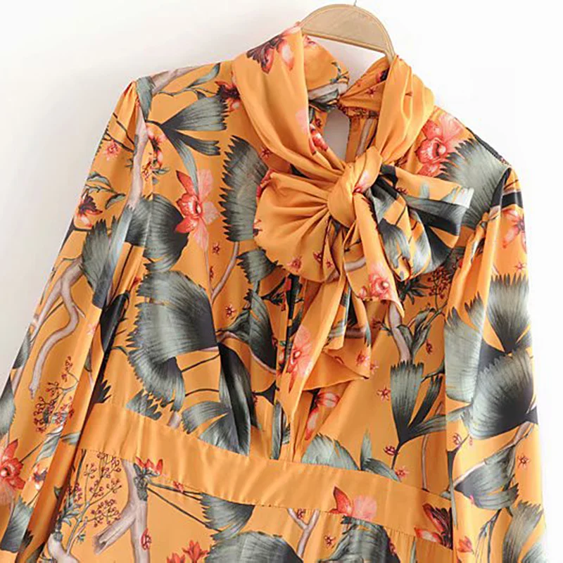 Женское модное платье миди с цветочным узором длинным рукавом украшенное