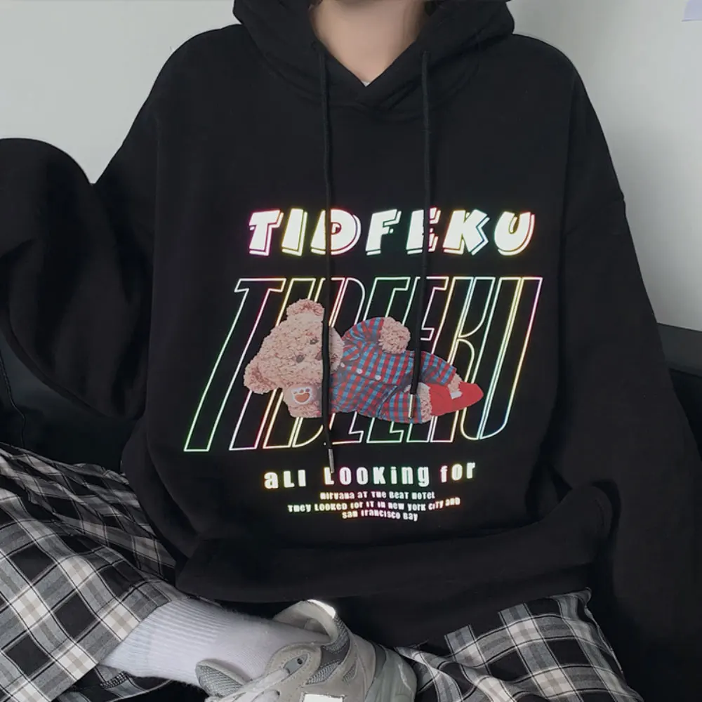 

ZOTTSOZ Hooded Pullovers Casual Korean Harajuku Women Reflective Letter Bear Hoodie Sweatshirts Streetwear Fashion Loose Outwear