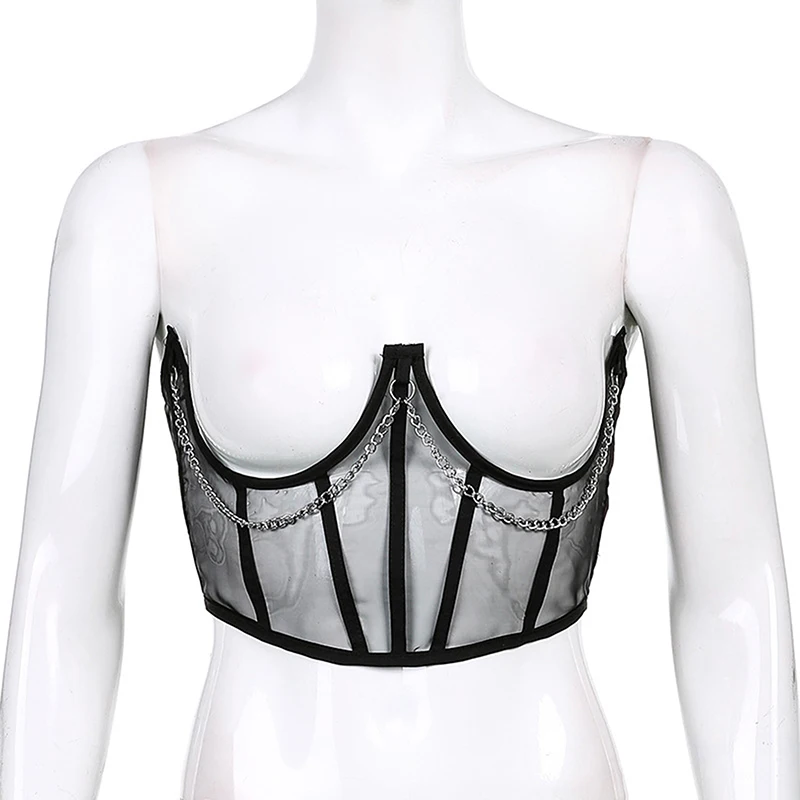 

Punk Metal Chain Black Corset Mall Goth High Waist Corsets Harajuku Vintage Mesh See Through Waist Shaper Clothing Accessories