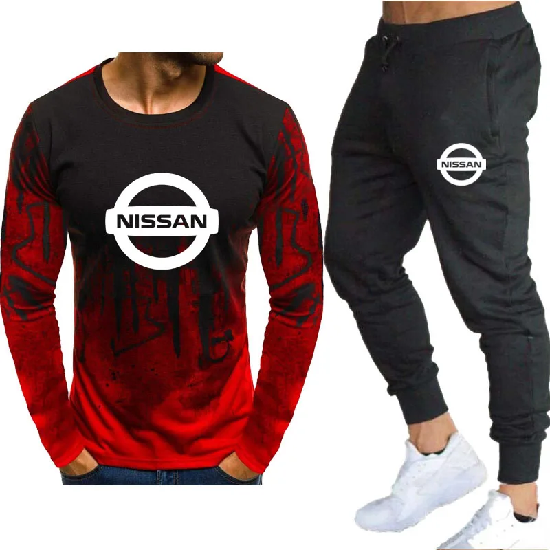 

Комплект спортивной одежды Nissan мужской, рубашка с длинным рукавом и брюки с принтом логотипа автомобиля, трендовая повседневная одежда с гр...