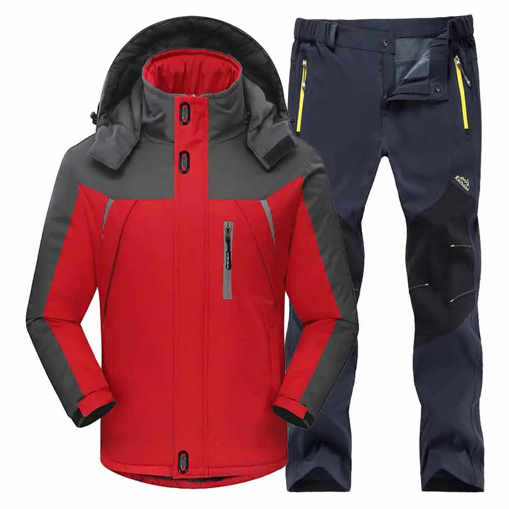 Red Gray Suit Мужские зимние водонепроницаемые лыжные теплые флисовые походные куртки для рыбалки и катания на лыжах, мужские походные брюки, походная куртка, комплект, 4XL костюм - Цвет: Red Gray Suit