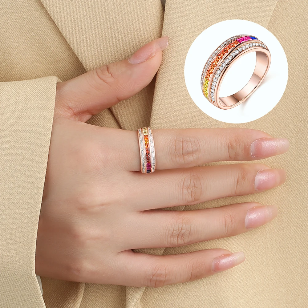 

New Modeling Rings For Women 925 Sterling Silver Multicolor Rainbow Cubic Zirconia Ring Fashion Female Jewelry Fine Accessories