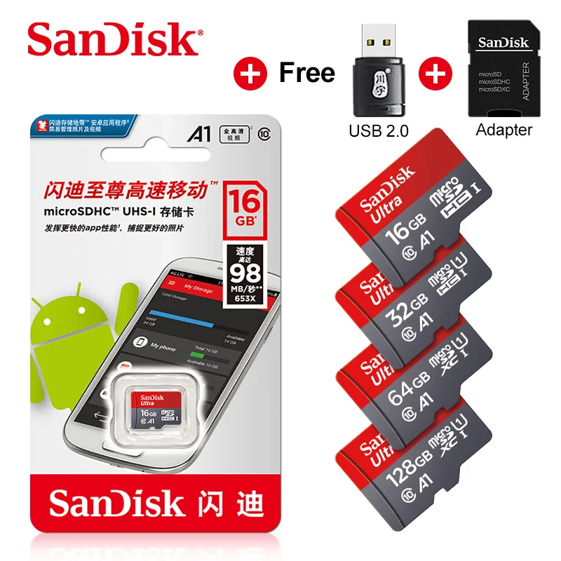 

SanDisk 16GB 32GB 64GB 128GB Micro SD Card MicroSDXC UHS-I Flash Memory Card With Adapter Up to 98MB/s A1 U1 Class10 High Speed
