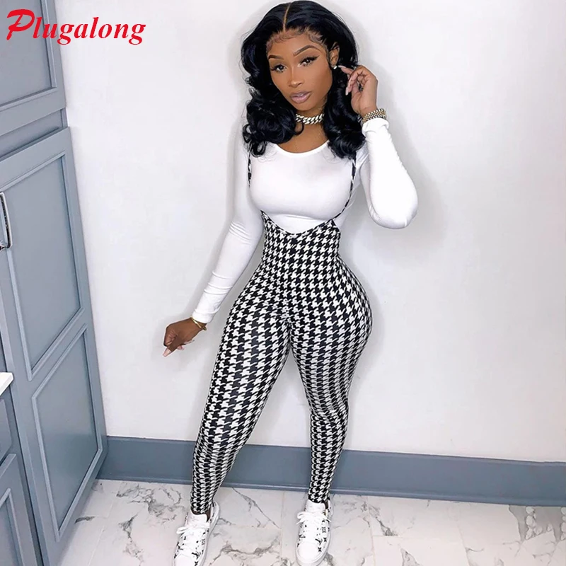 Женский комбинезон на тонких бретелях с принтом гусиные лапки| |