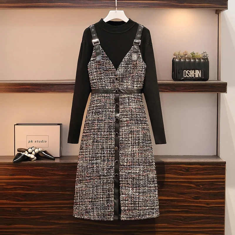 

Tweed Dress Sets Women Plus Size new Chic Fashion Elegant Office Lady Outfits 2 Piece Korean Fall Basic Simple suit Vestido big