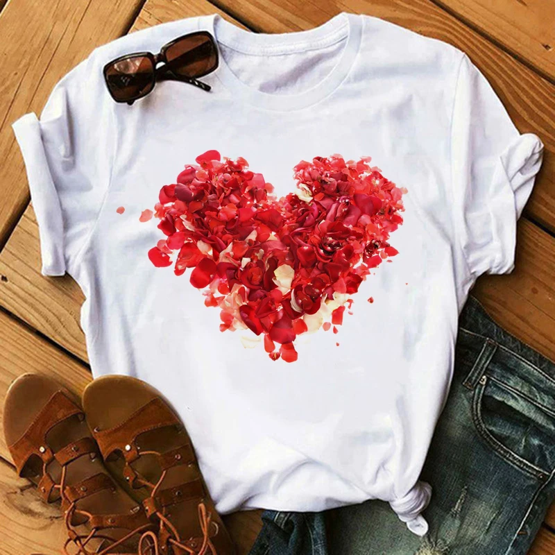 Maycaur Heart Flower T Shirt Summer Women Short Sleeve Leisure Tops Tees Casual Female Shirts Loose Plus Size Woman Clothes | Женская