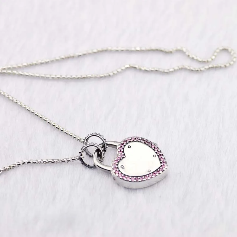 

Lock Your Promise Pendant Necklaces for Women 925 Sterling Silver Love Statement Necklaces Jewelry Pink CZ Heart Choker Chains
