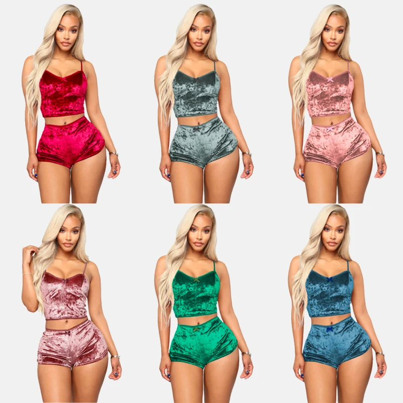 

sexy set New Women's Fashion Solid color Two-Piece sexy Lingerie Outfit Strap Crop Top with Shorts Nightwear Set