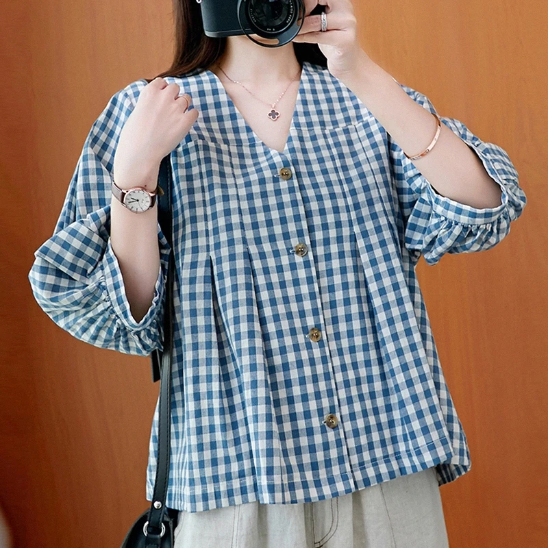 

Artistic Cotton Linen Plaid Blouse Women's Summer Loose Versatile Mid-Length Sleeve Linen Top V-neck Puff Sleeve Baby Shirt