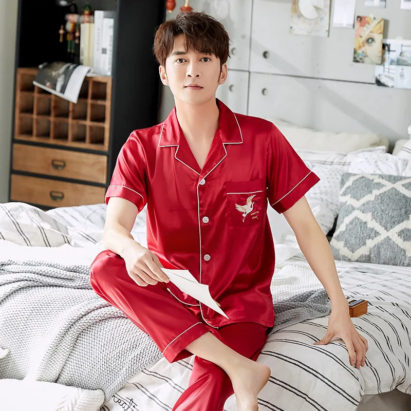 

Spring Summer Couple Black Satin Pajamas Set Loves Short Sleeve Sleepwear Casual Lovers Nightwear M-3XL