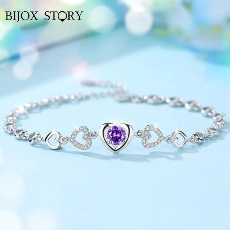 

BIJOX история Шарм браслет серебро 925 ювелирные изделия Романтический в форме сердца розовый циркон браслеты для женщин Подарок на годовщину ...