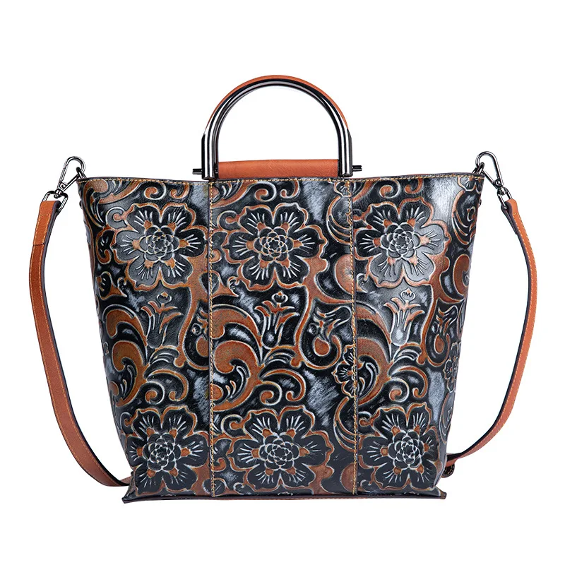

Luxury China Embossed Women Handbag Vintage Handmade Designer First Layer Cow Genuine Leather Ladies Shoulder Bags