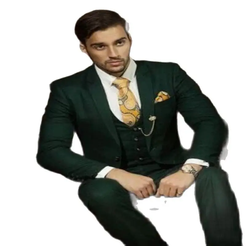 

Высококачественные зеленые однобортные мужские костюмы из 3 предметов с отложным воротником, деловые приталенные деловые костюмы для жени...