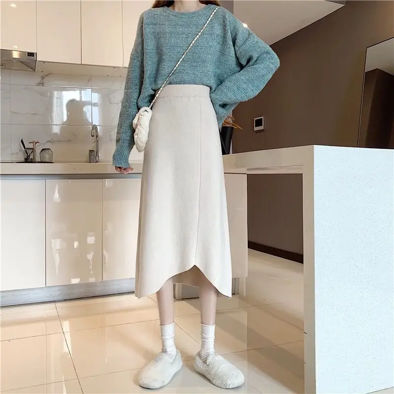 

Autumn & Winter New High Waist Slim Simple Solid Color Casual All-match Elastic Irregular Women A-line Long Skirt Free Shipping