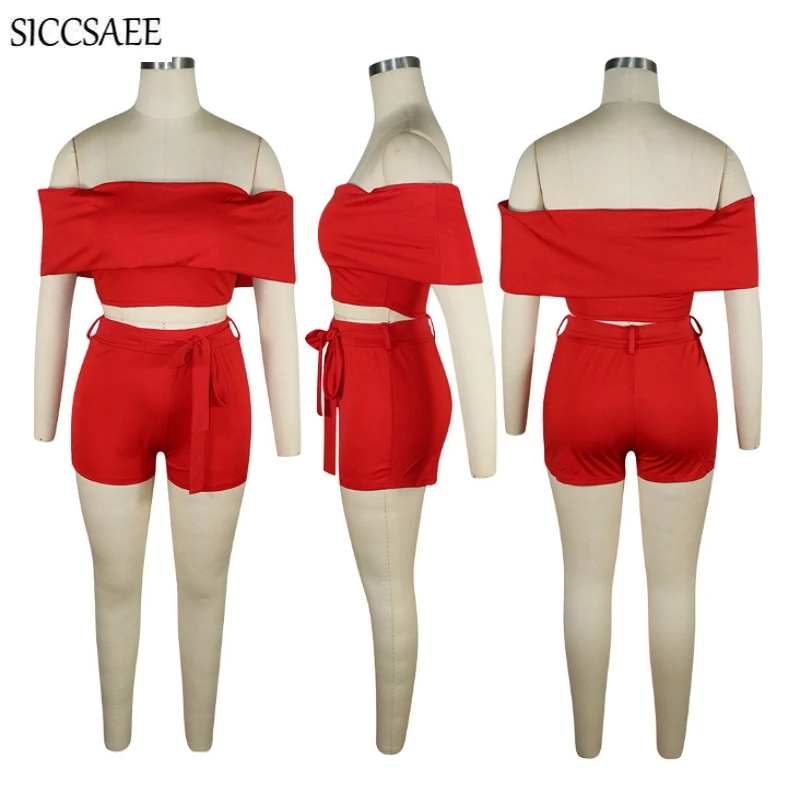 

Off Shoulder Slash Neck Crop Top And Shorts Sets For Women Bodycon Playsuits Sexy Casual Bandage Bodysuit Solid Color Summer