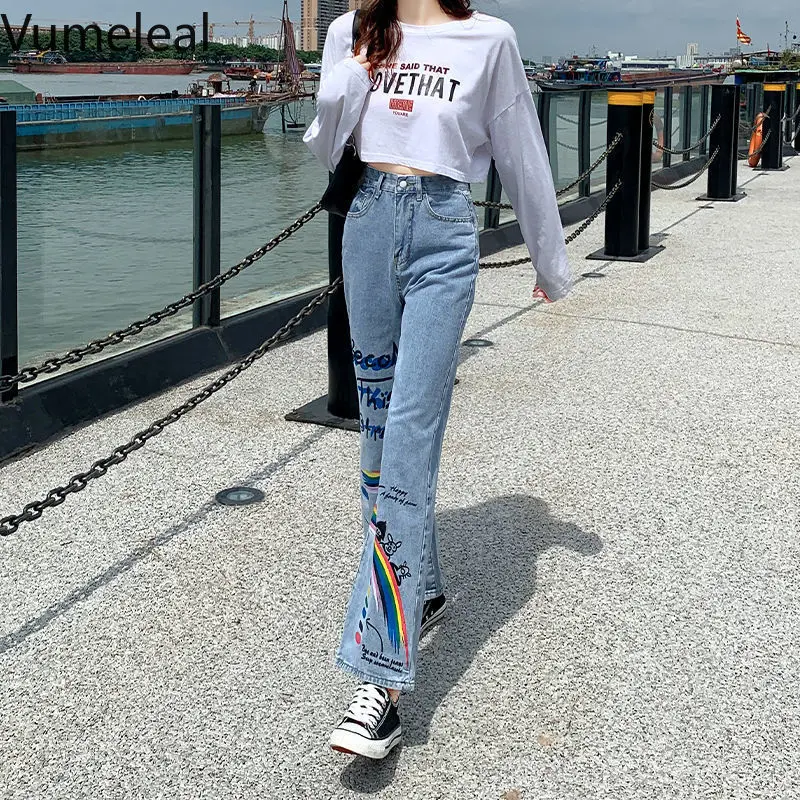 

High Waist and Wide Leg Jeans for Spring 2021 Print Straight Leg Loose Drape Cow Pants for Women Funny Jeans Woman High Waist