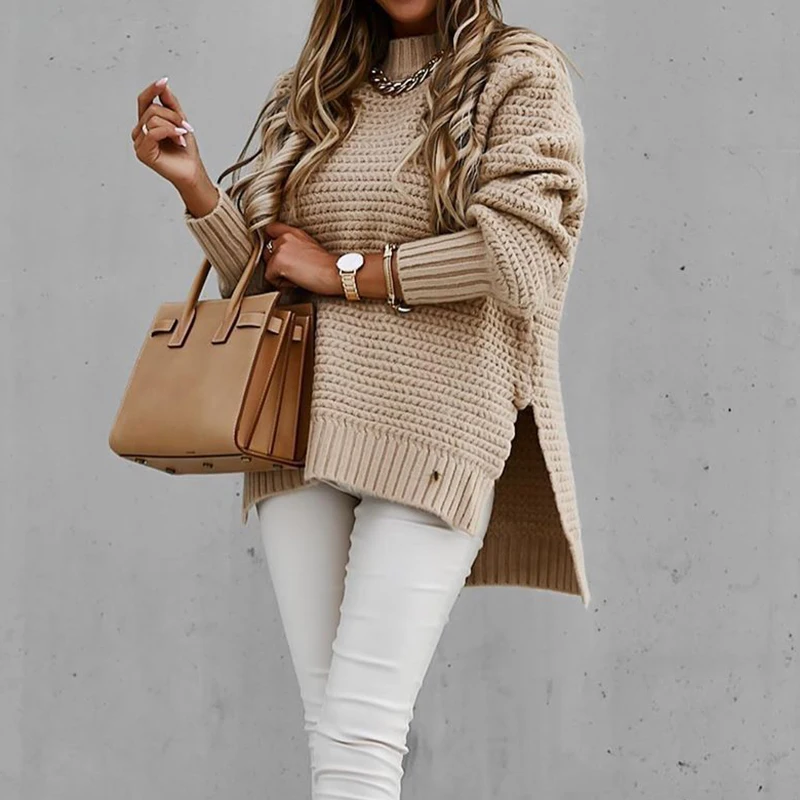 

Women's Knitted Sweater Fashion Round Neck Lantern Long-Sleeved Pullover Blouse Female Winter Leisure Loose Slit Ladies Sweater