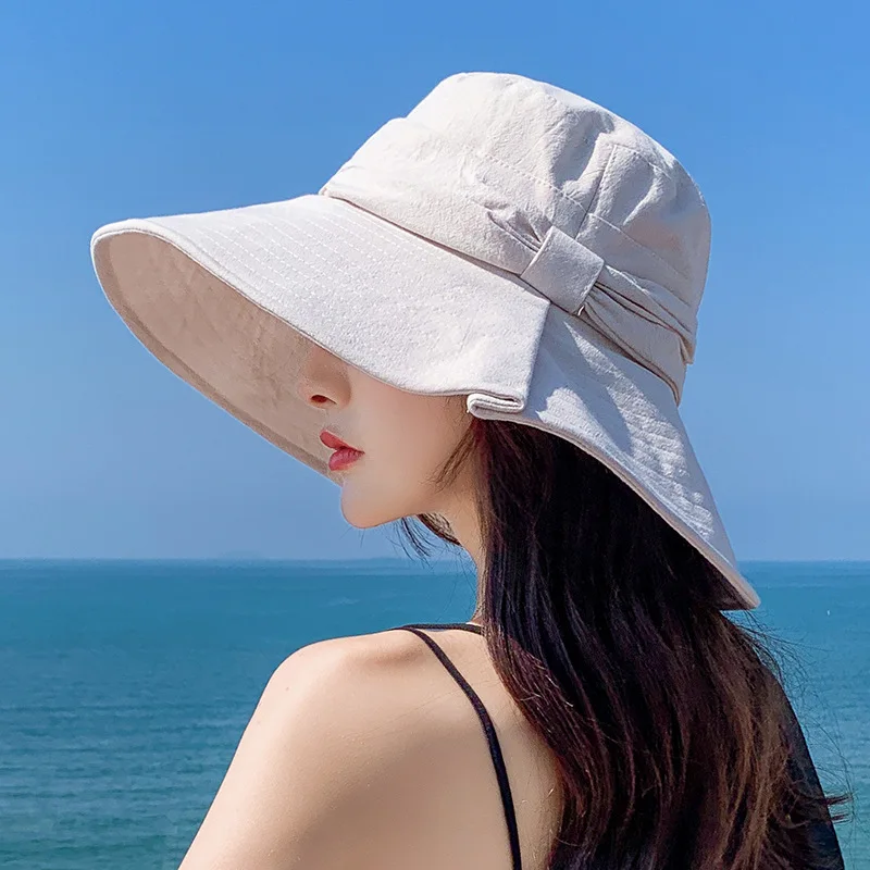 

YQYXCY Bucket Hat Women Summer Spring Fisherman Cap Cotton Bow Outdoor Sunscreen Foldable Simple Floppy Sun Hat Female Casual