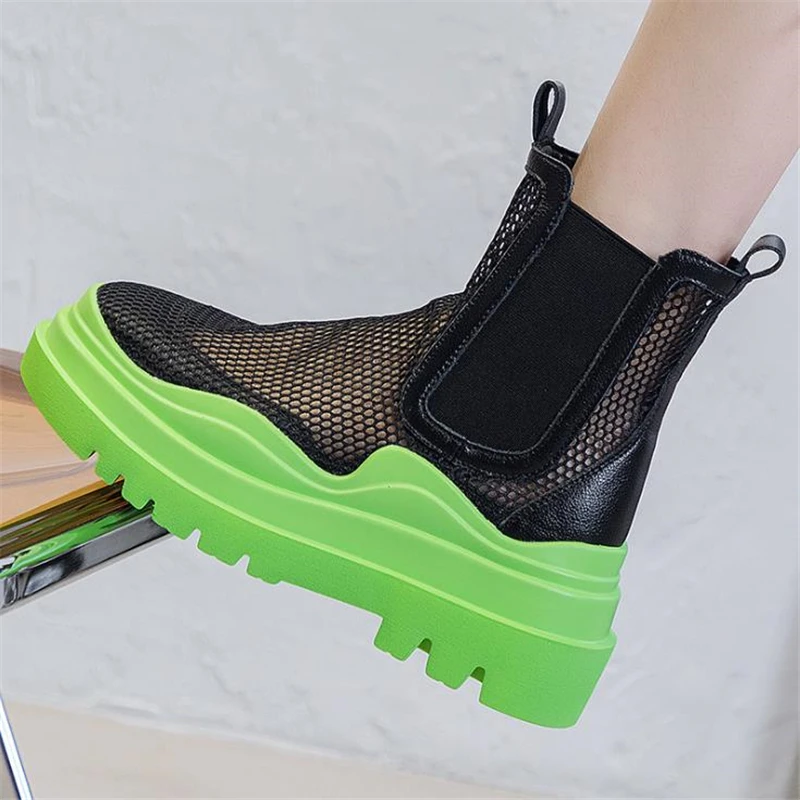 

Hollow Out Summer Boots Slip-on Women Ankle Boots Genuine Leather Round Toe Mesh Chelsea Boots Female Sandals Shoes Green Pink