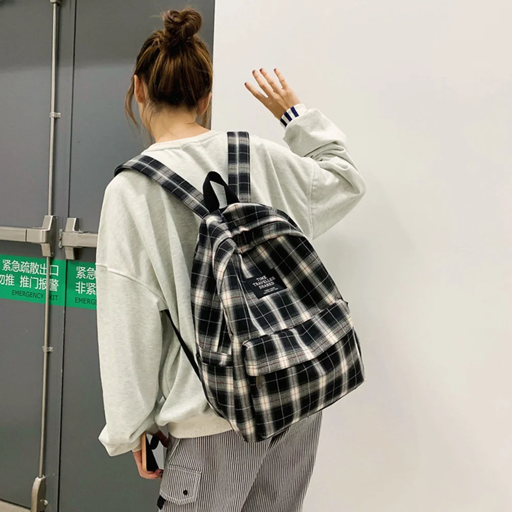 1PCS Plaid Student Backpack Canvas Material Japanese and Korean Retro College Style Simple Trend Leisure Travel Backpack 2020