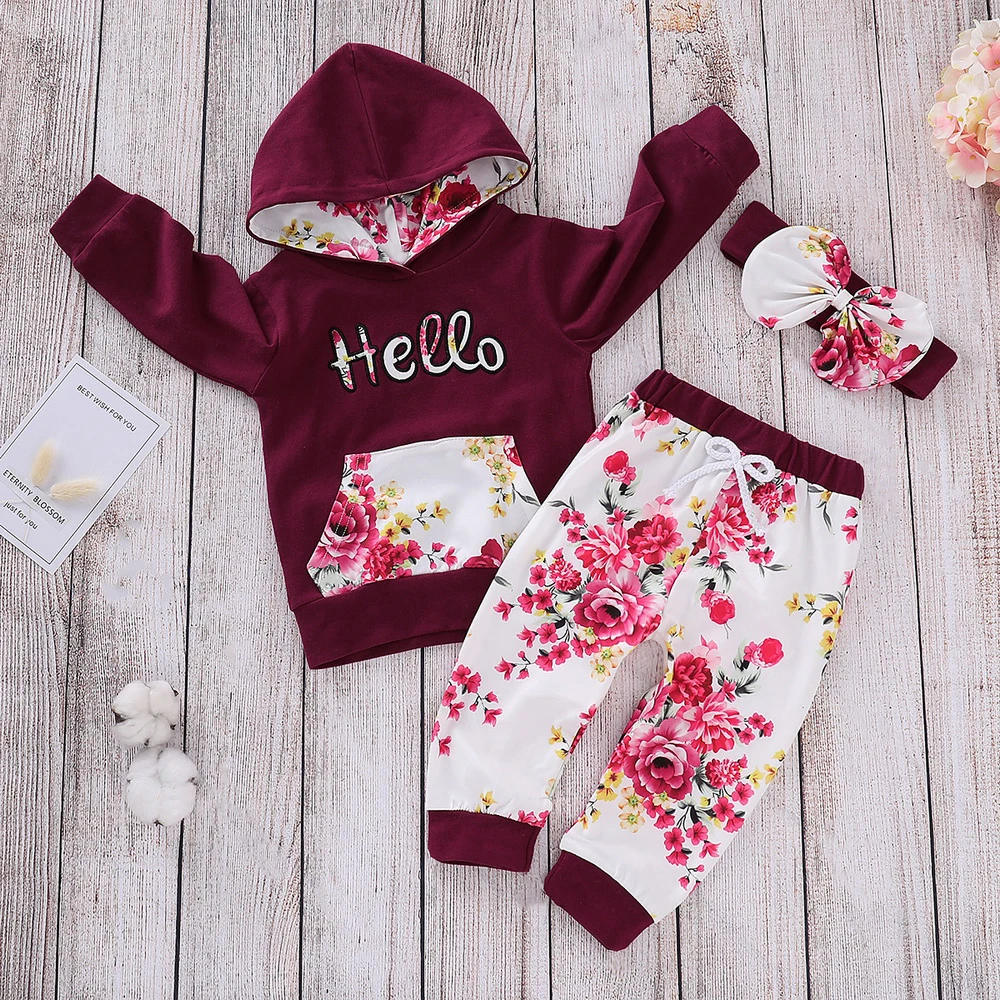 

Sale 1-4Y Autumn Toddler Kids Baby Girls Tracksuit Sets Red Long Sleeve Floral Tops with front pocket Long Pants Outfits D30