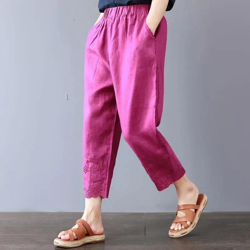 

Summer Pants Women Loose Trousers Sweatpants Plus Size 4XL Women VIintage Casual Embroidery Elastic Waist Harem Pants HK325