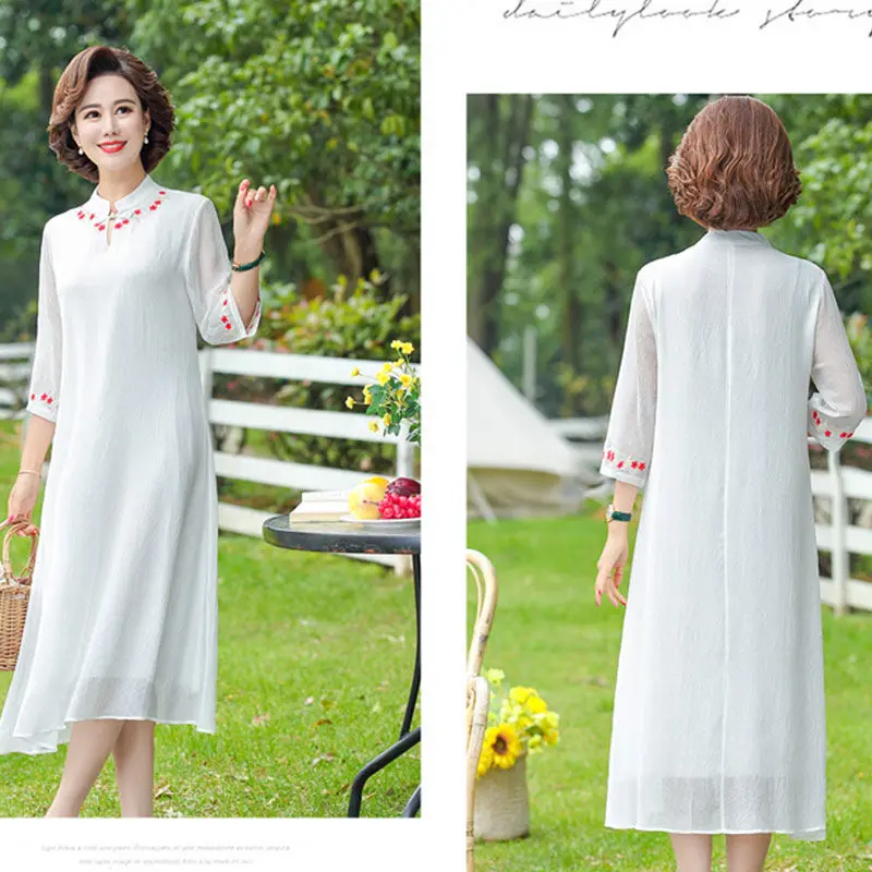 

2021 fashion new spring and summer chiffon dress three-quarter sleeves stand-up collar temperament mid-length dress