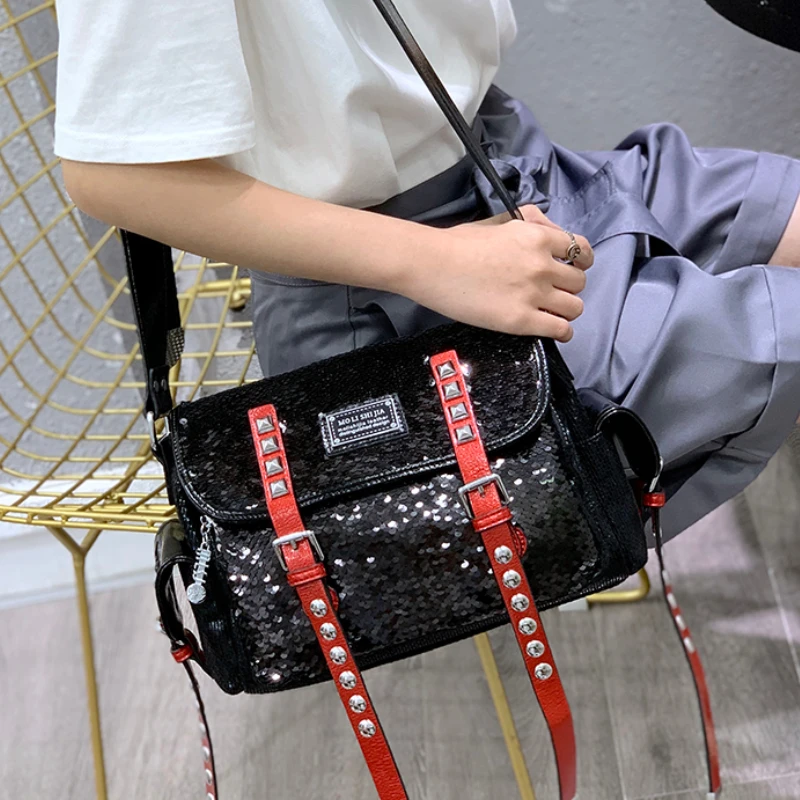 

Designer Sequines Ita Bag Shoulder Women's Messenger Bags Rivet Shoulder Crossbody Bolso Fashion Branded Female Sac A Main