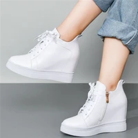 10cm high heel fashion sneakers women lace up genuine leather wedges ankle boots female round toe platform pumps casual shoes