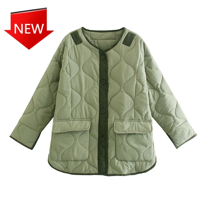 

Женская Стеганая куртка с карманами, винтажная куртка оверсайз с длинным рукавом, на пуговицах, уличная одежда, 2021