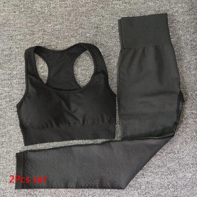 Black 2Pcs Set 2 шт. бесшовный Набор для йоги Женская одежда для фитнеса спортивная женская спортивная одежда леггинсы для спортзала+ мягкий пуш-ап спортивный бюстгальтер спортивные костюмы для бега - Цвет: Black 2Pcs Set