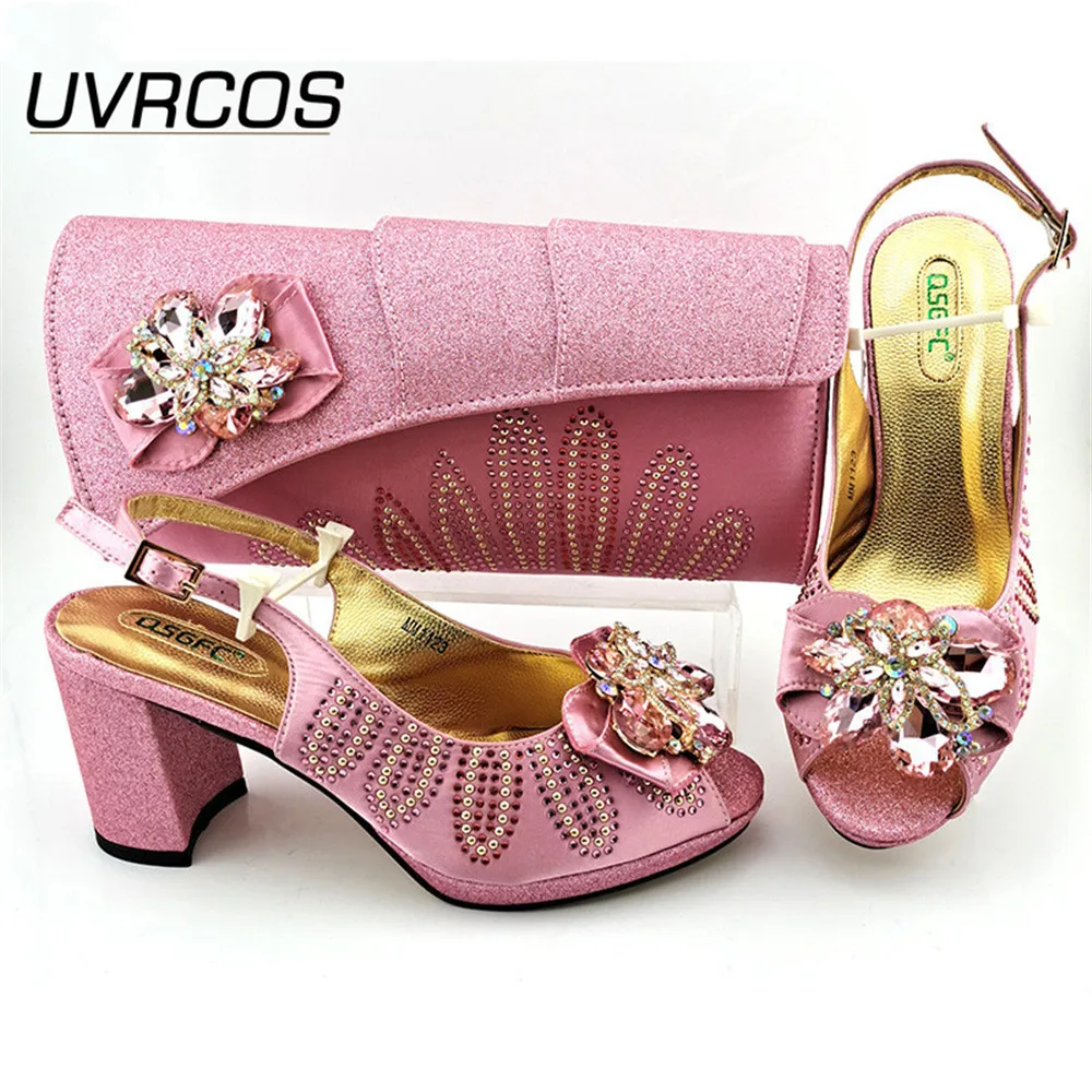 

Italian Design Nigerian Newest Sweet In Pink Color Wedding Women Shoes and Bag Set With Colorful Crystal and Metal Decoration