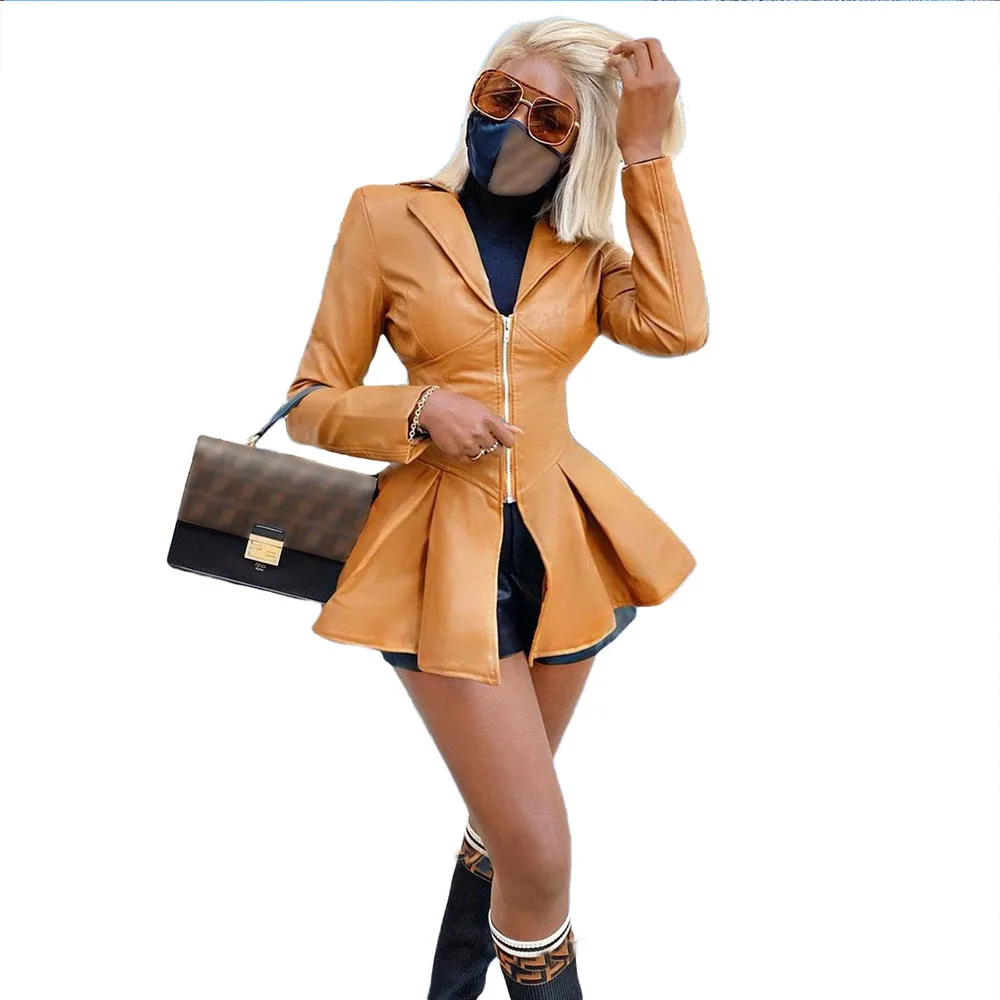 Куртка женская из искусственной кожи на молнии пальто с баской элегантная