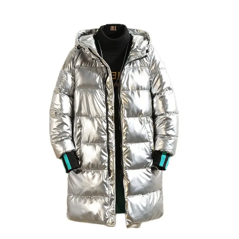 

2021 New Bright Leather Men Thicken Warm Winter Jacket Casual Long Parka Outwear Waterproof Stand Collar Hooded Coat Clothing