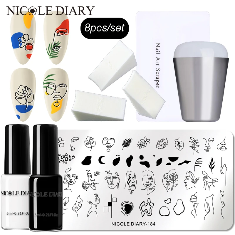 

NICOLE DIARY Black White Nail Stamping Polish with Stamper Sponge Set Newer Starter Kit Stamp Varnishes Printing Tool for Plate