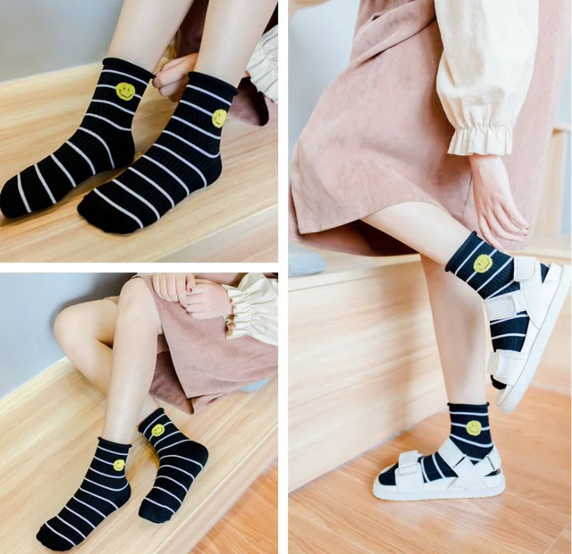 5 Pairs/ Women Socks Summer and Spring Cute Striped Plush Smiley Female Curled Cotton Tube | Красота и здоровье