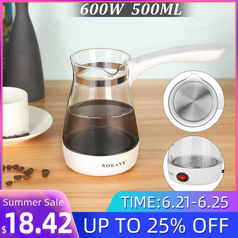 

500ml Coffee Maker Pot Home Electrical Turkish Greek Coffee Kettle Portable EU Plug Clear Glass + Stainless Steel Heat Resistant