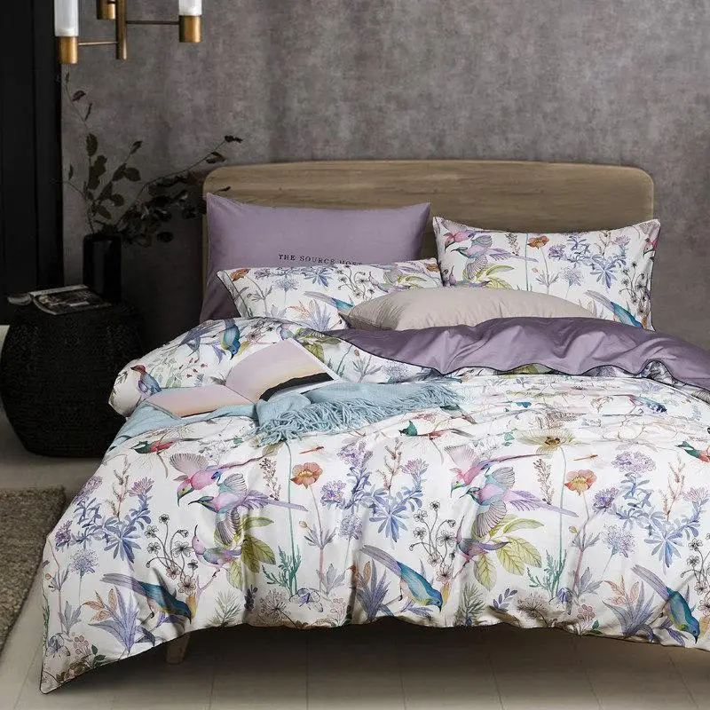 

J 30 Bedding Set Luxury 100%Egyptian 60S Long-staple Cotton Bed Linen Queen Size Bed Cover Birds Digital Printed Bedding Set