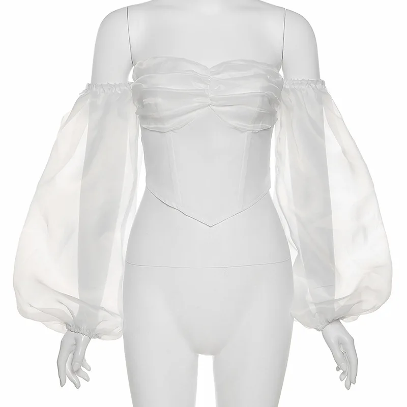 

Slim Chiffon Women Blouse Long Mesh Lantern Sleeve Square Neck Elegant Solid Color Blouse Summer 2021 Female Vintage Blouse Tops