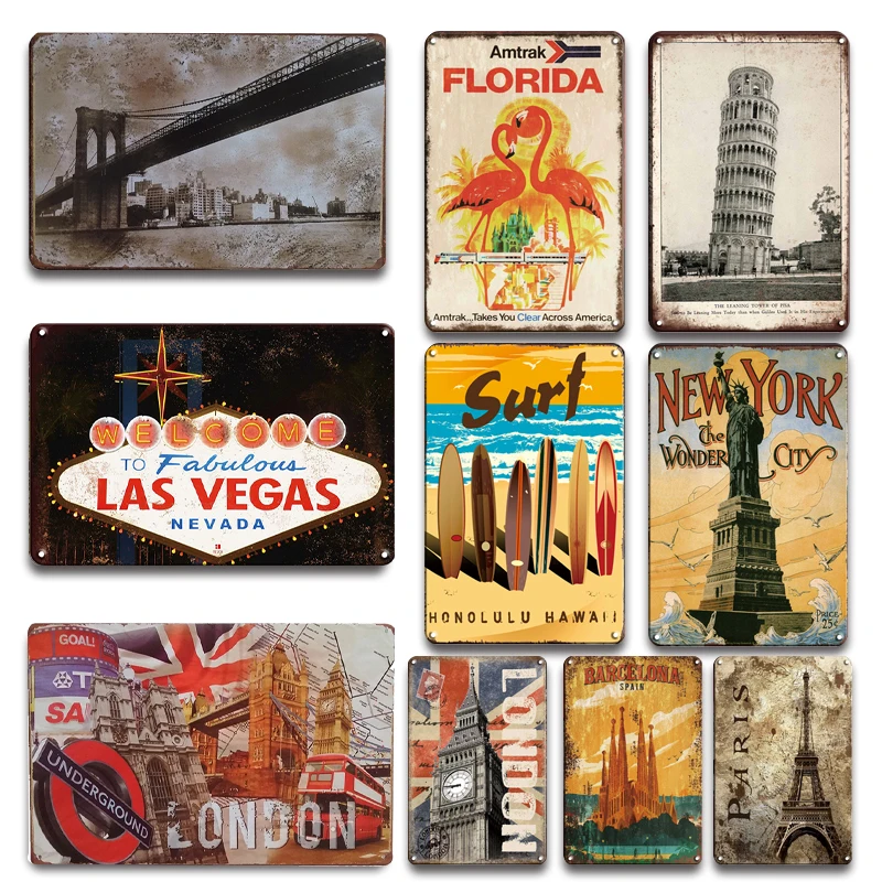 

Vintage Decor Florida New York Landmark Building Metal Tin Sign Chic Metal Poster Decorative Plaque Home Wall Stickers Decor