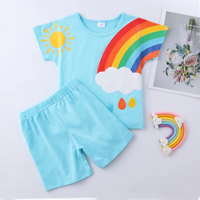 

Little Kids Boy Girl Clothes Suits Summer Short Sleeve Rainbow Print Tops Solid Color Shorts Casual Set for Baby Children 1-6T