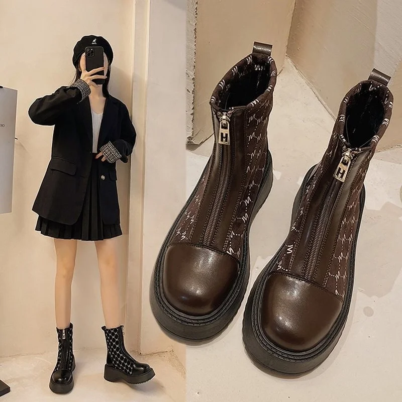 

Net red front zipper Martin boots women thick bottom height thin elastic motorcycle boots plus velvet British style ankle boots