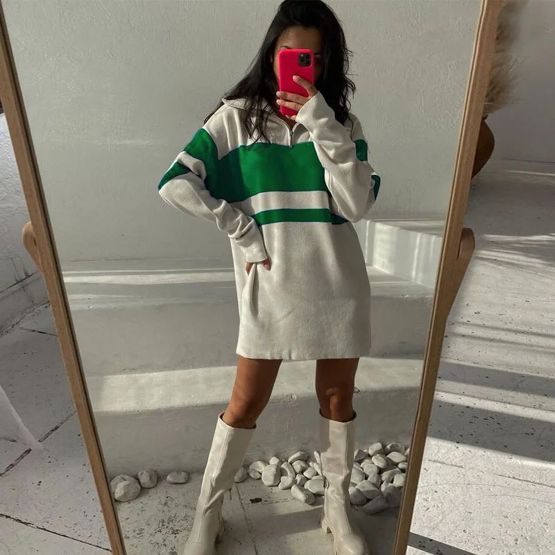 

2021 Autumn Winter Striped Shirt Dress Blue Black Green Casual Loose Dress Oversize Long Sleeve Zipper Knitted Women Dresses