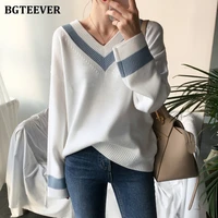 bgteever chic patchwork v neck women sweater tops 2020 autumn winter long sleeve casual knitted pullovers jumpers femme