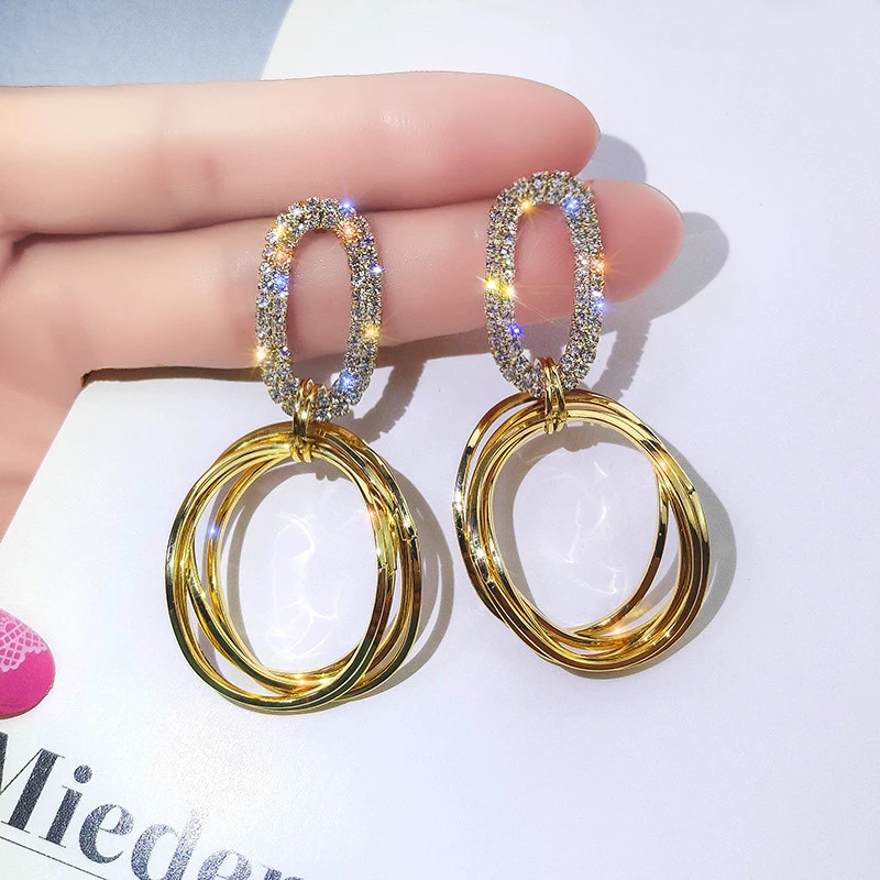 

DREJEW Fashion Gold Silver Circle Rhinestone Alloy Statement Dangle Earrings Christmas 925 Drop Earrings for Women Jewelry E5751