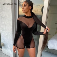 anjamanor sexy black mesh velour rompers womens jumpsuit long sleeve bodyocn playsuits going out outifts to the club d87 cz22